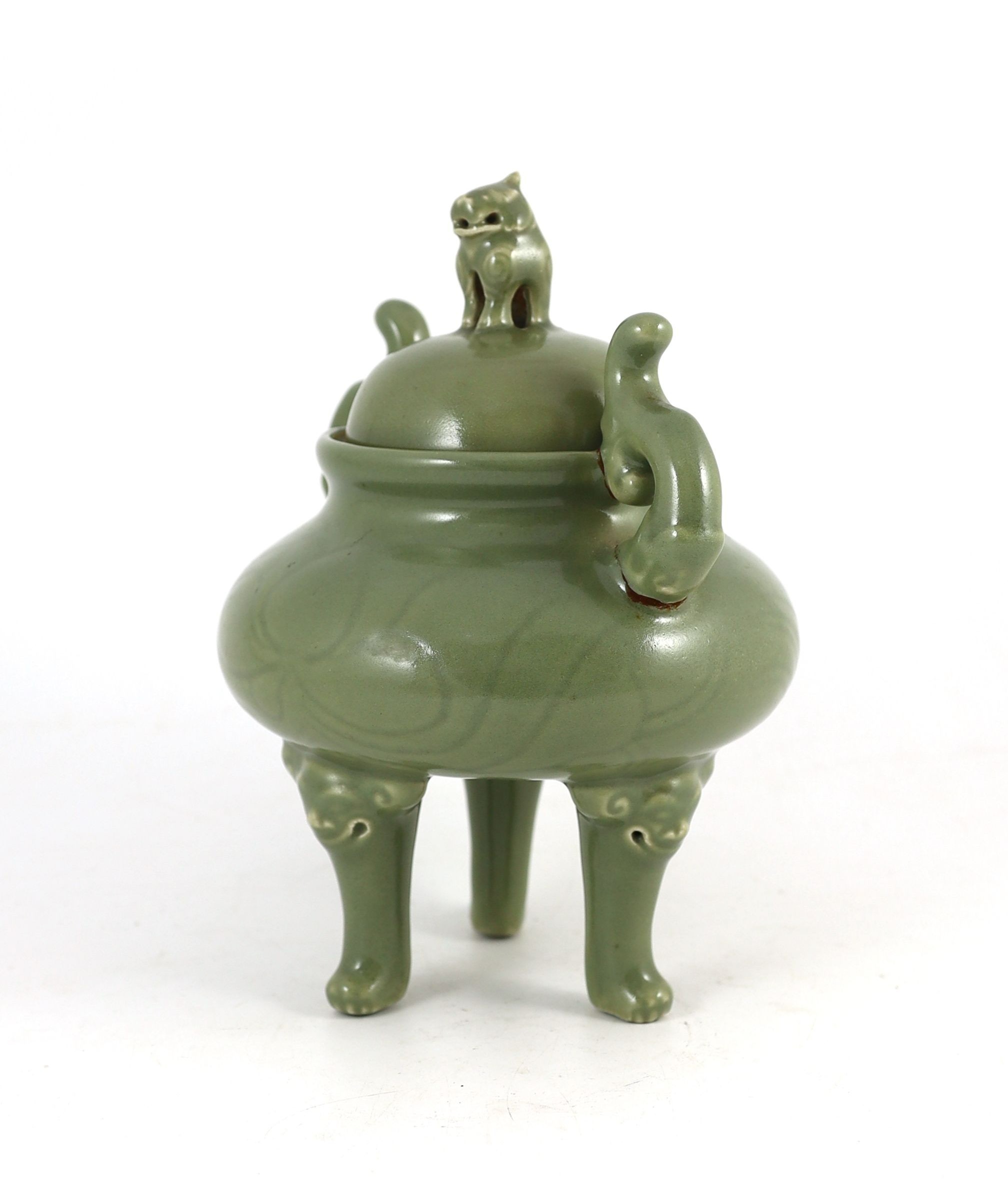 A Chinese celadon glazed tripod censer, late Qing, 26cm